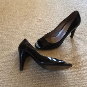 Ferragamo Peep Toe Black Patent Leather Heel